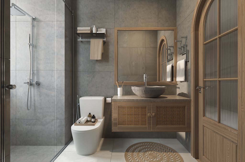 Elegant bathroom with wooden accents and modern fixtures for a stylish look.
